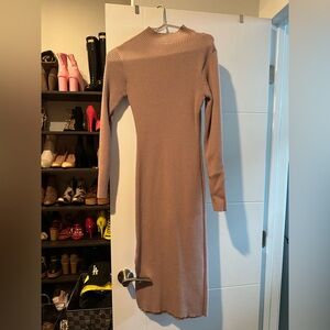 Elegant Tan Ribbed Knit Dress